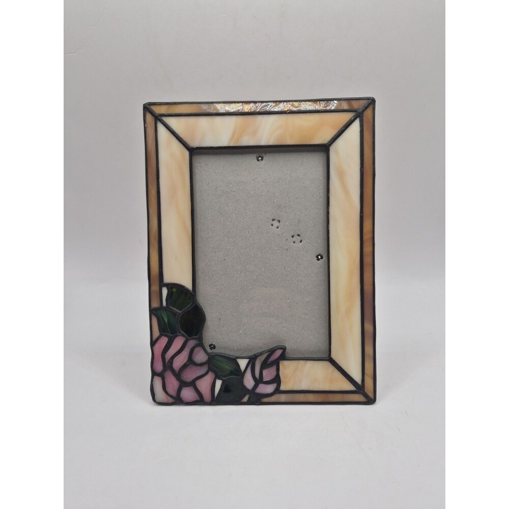 Vintage Stained Glass Art Deco Metal Frame Picture 5x7” Frame Pink Rose Leaves